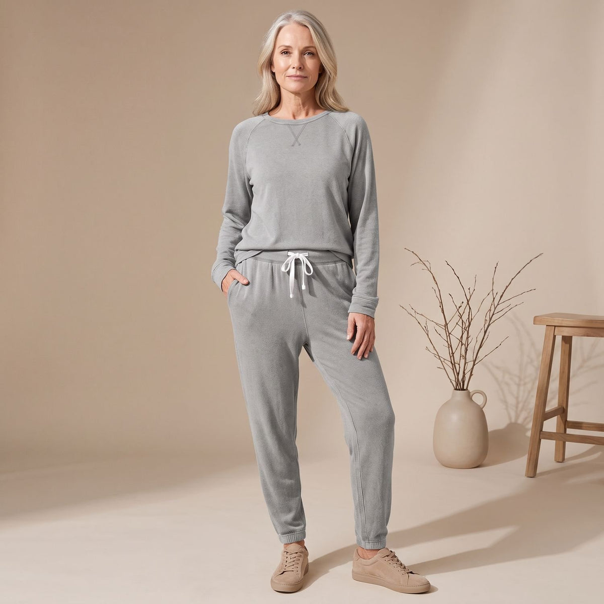 Women's Relaxed-Fit Long Sleeve Jogger Coord Set - Grey