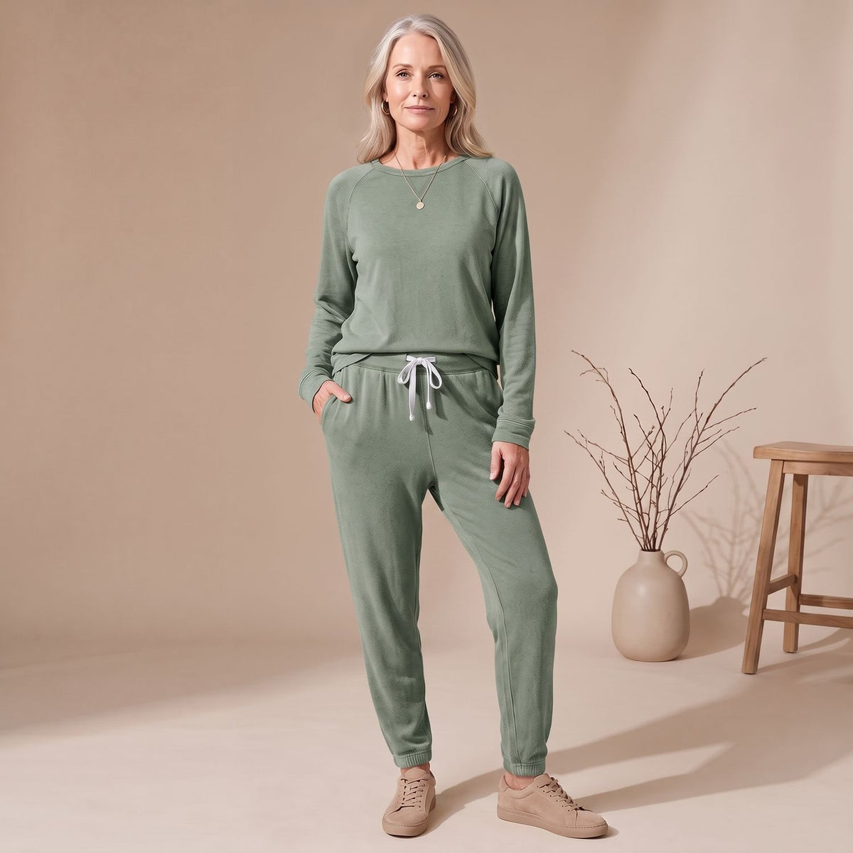 Women's Relaxed-Fit Long Sleeve Jogger Coord Set - Green