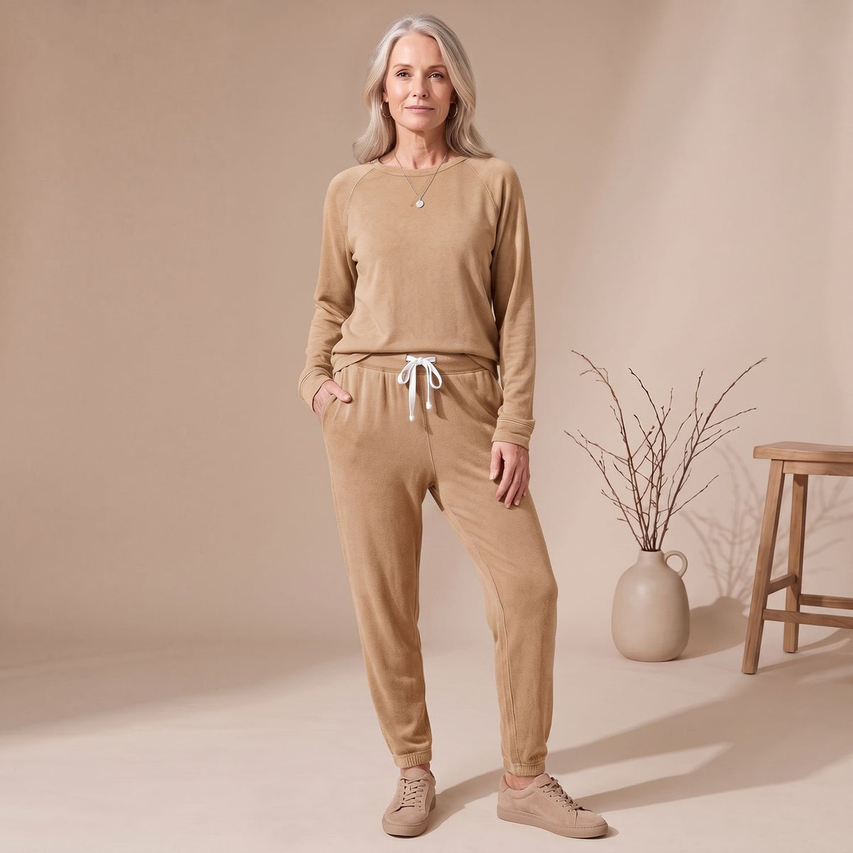 Women's Relaxed-Fit Long Sleeve Jogger Coord Set - Khaki