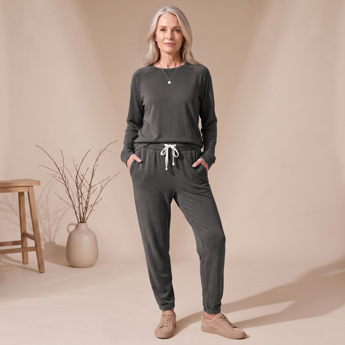 Women's Relaxed-Fit Long Sleeve Jogger Coord Set - Dark Grey