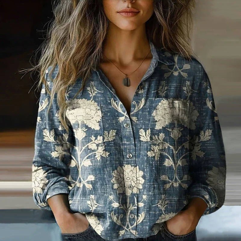 Women's Relaxed-Fit Long-Sleeve Paisley Bohemian Button-Up Blouse - Blue