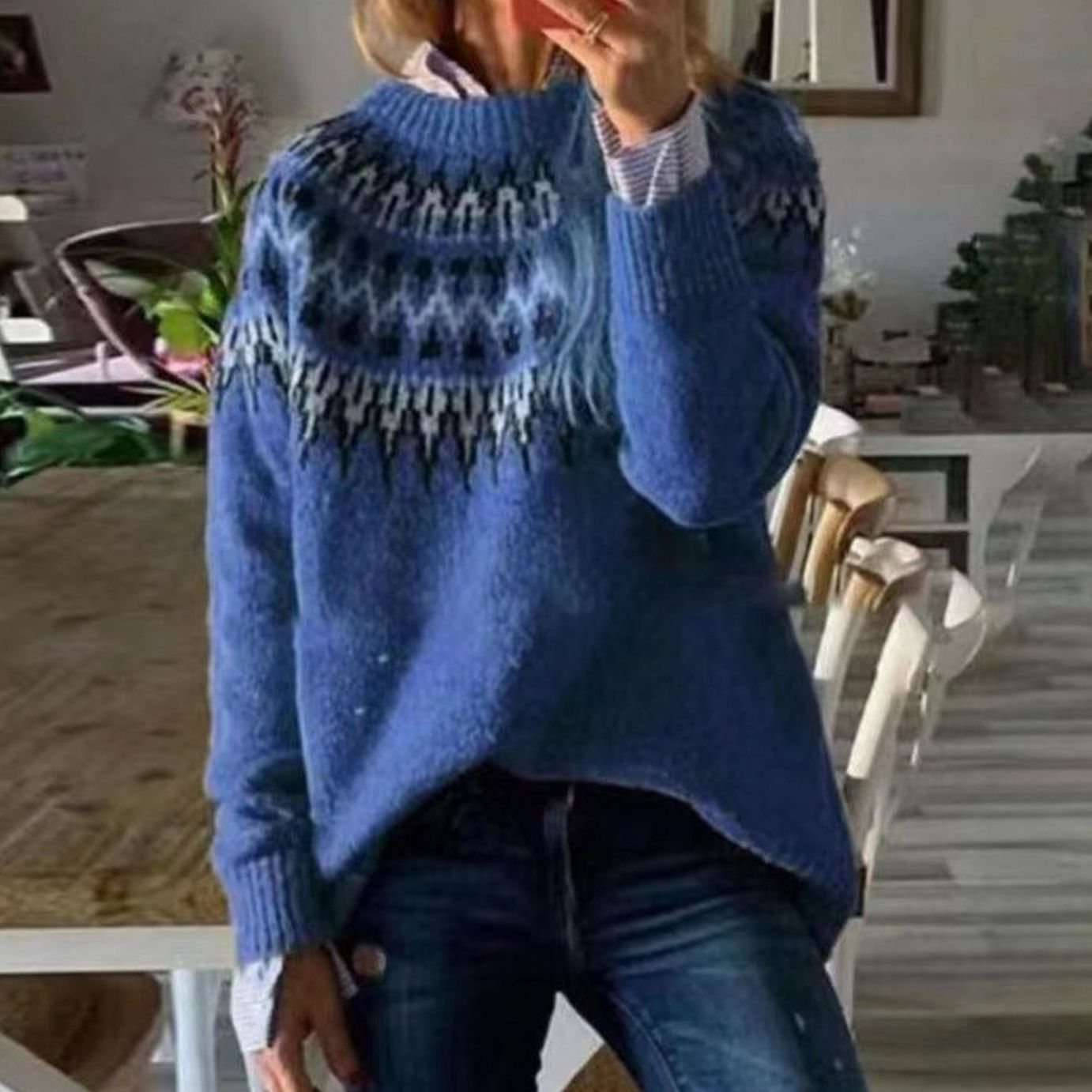 Women's Relaxed-Fit Nordic Fair Isle Pattern Sweater Jumper - Blue