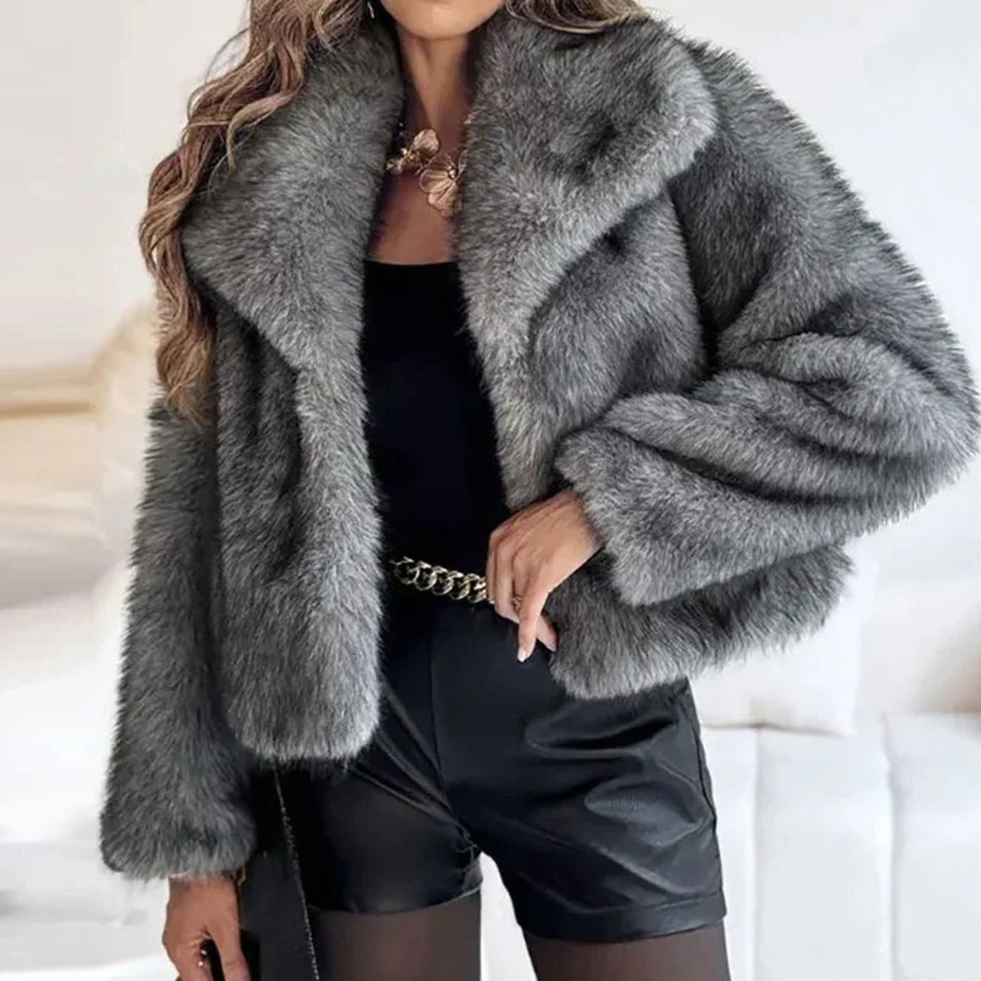 Women's Relaxed Fit Open Front Faux Fur Jacket - Dark Grey