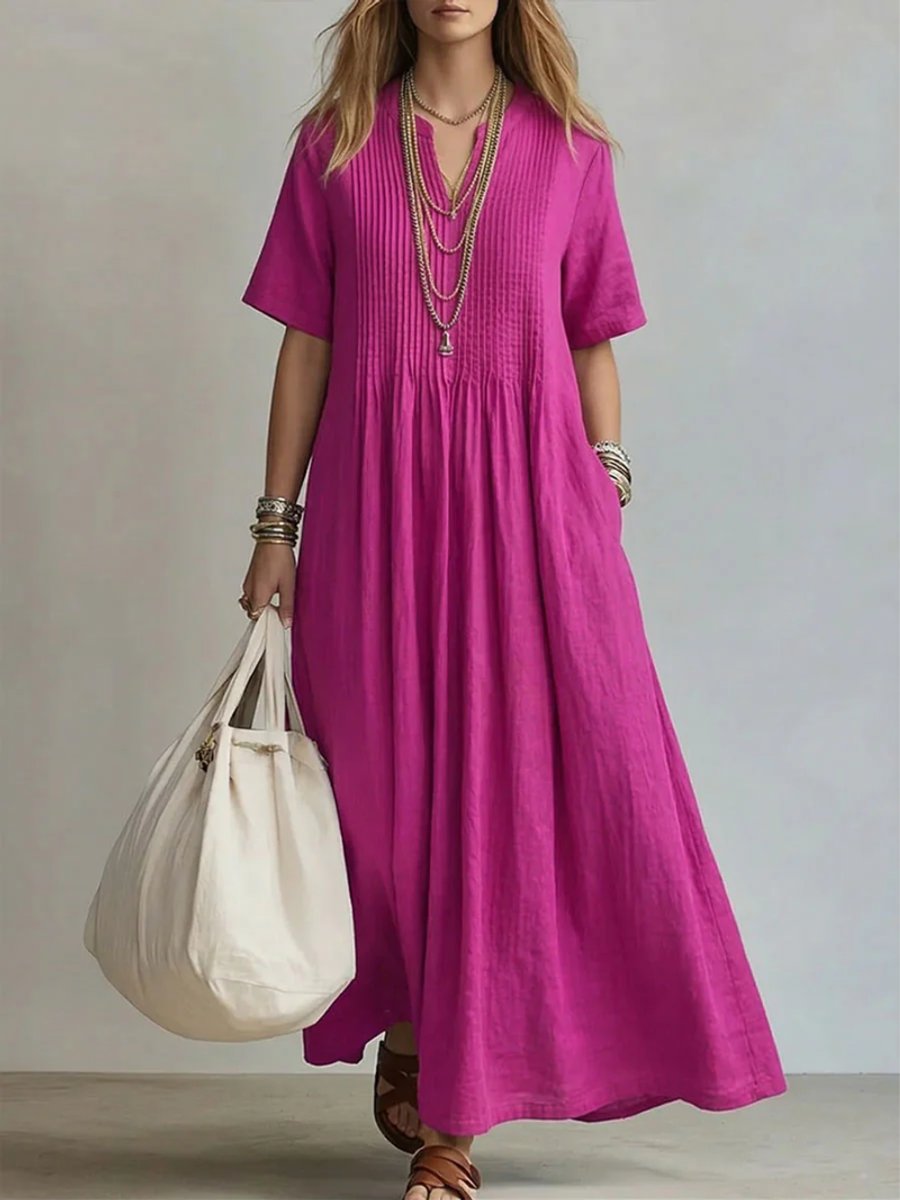 Women's Relaxed-Fit Pleated V-Neck Linen Maxi Dress - Pink