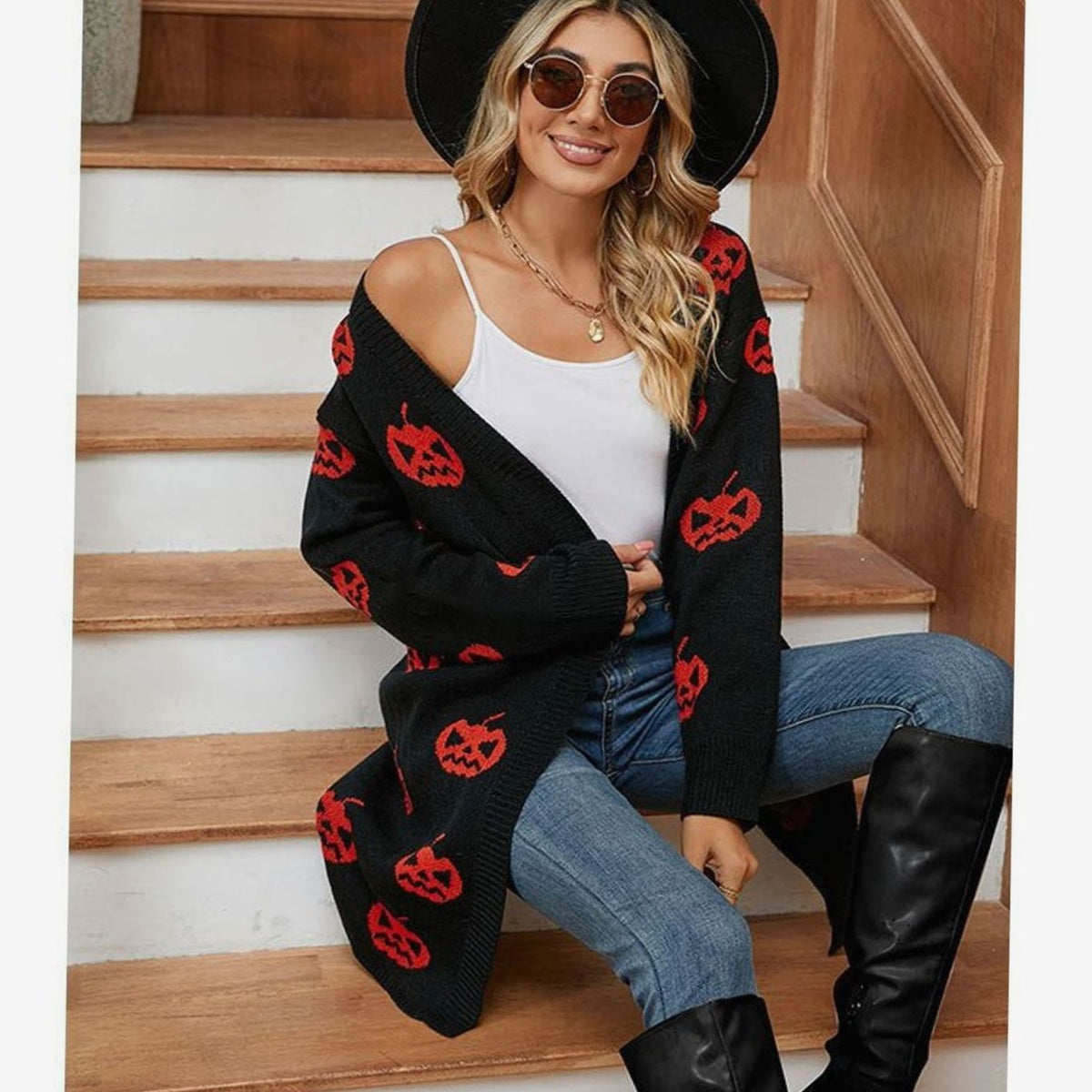 Women's Relaxed-Fit Pumpkin-Motif Halloween Knit Cardigan