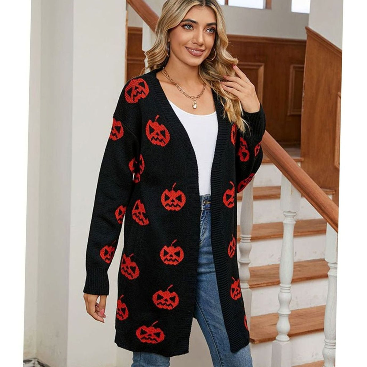 Women's Relaxed-Fit Pumpkin-Motif Halloween Knit Cardigan