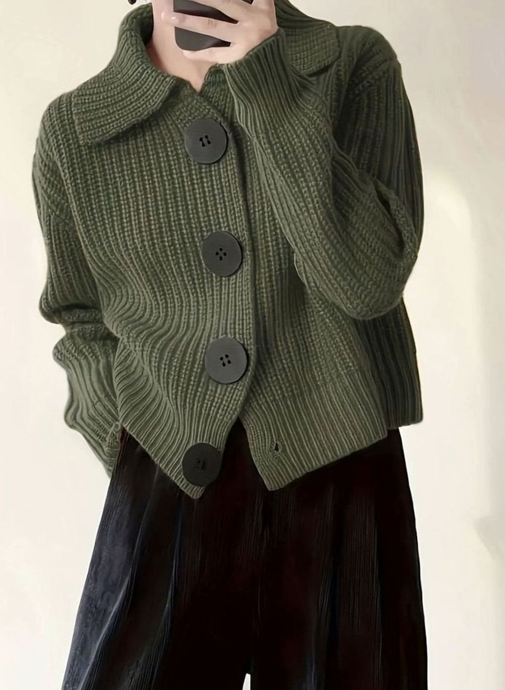 Women's Relaxed-Fit Ribbed Knit Folded-Collar Pullover Jumper - Fern Green