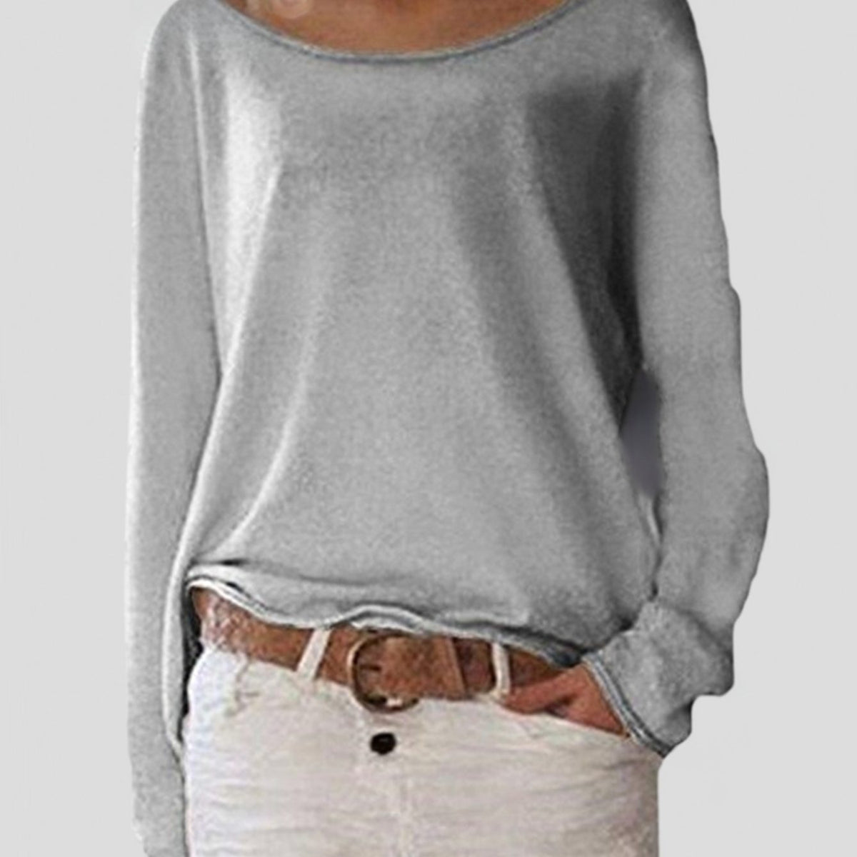 Women's Relaxed-Fit Round-Neck Long-Sleeve Pullover Sweater - Grey