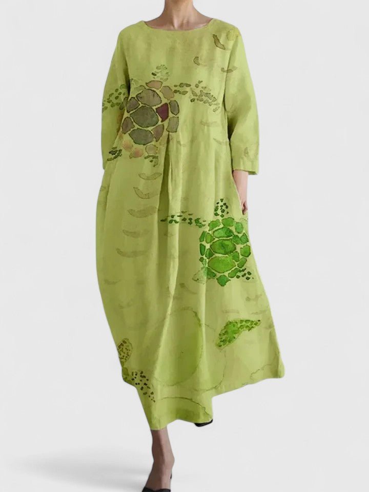 Women's Relaxed-Fit Sea Turtle Print Round-Neck Midi Dress - Flower 5