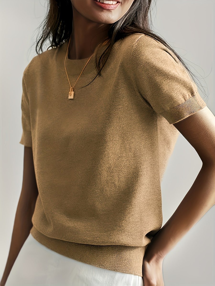 Women's Relaxed Fit Short Sleeve Knit Sweater Top - Earth Tone