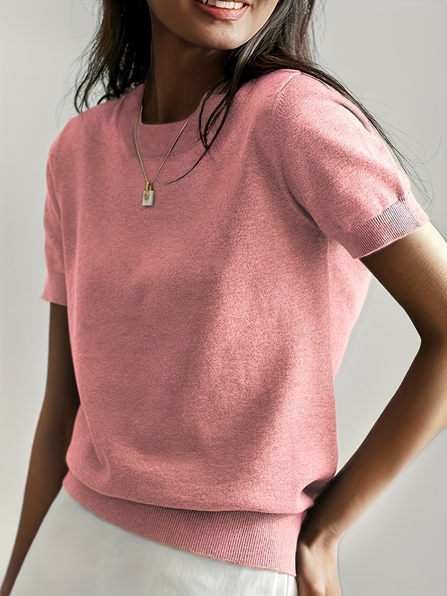 Women's Relaxed Fit Short Sleeve Knit Sweater Top - Pink