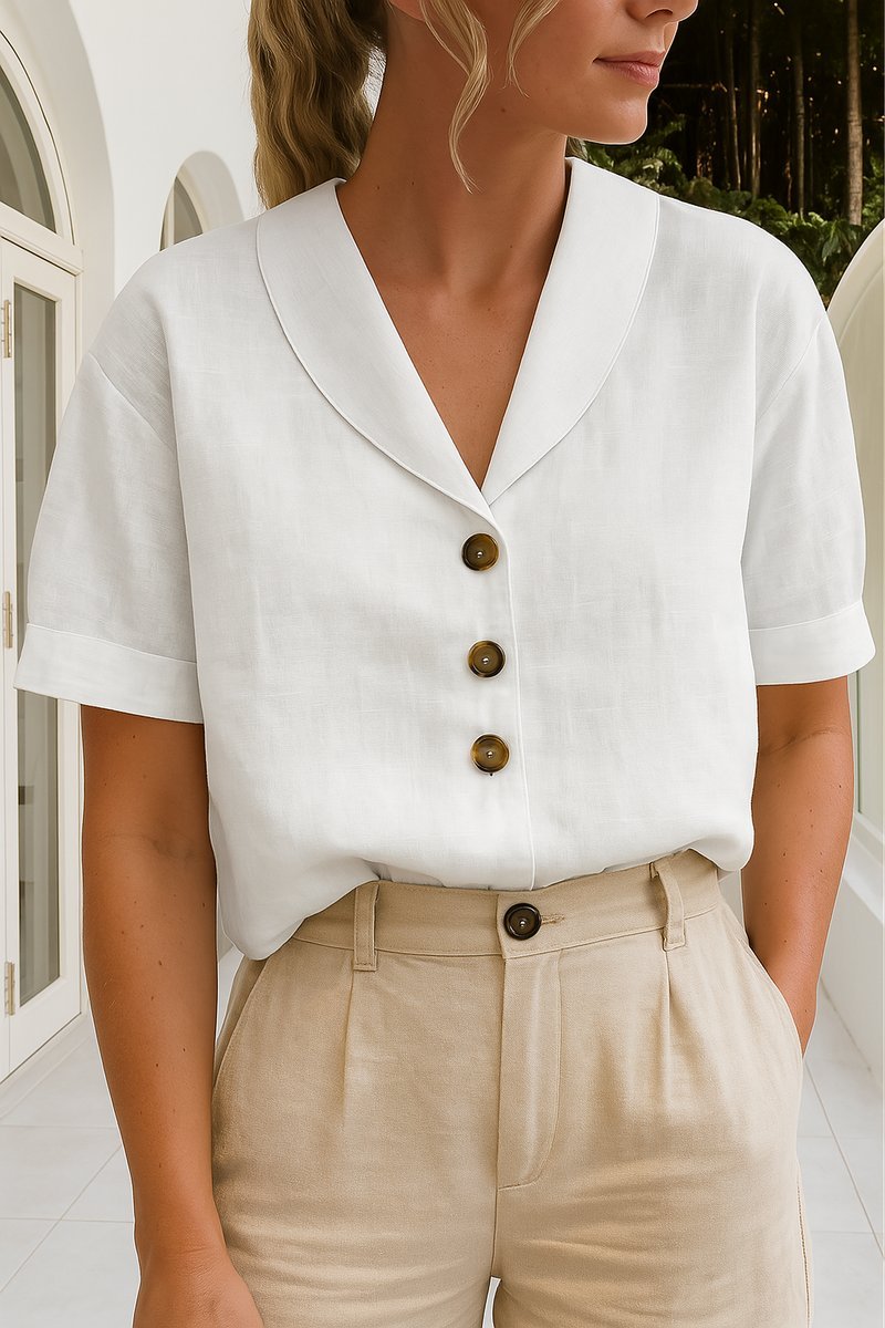 Women's Relaxed-Fit Short-Sleeve Shawl Collar Button-Front Blouse - White