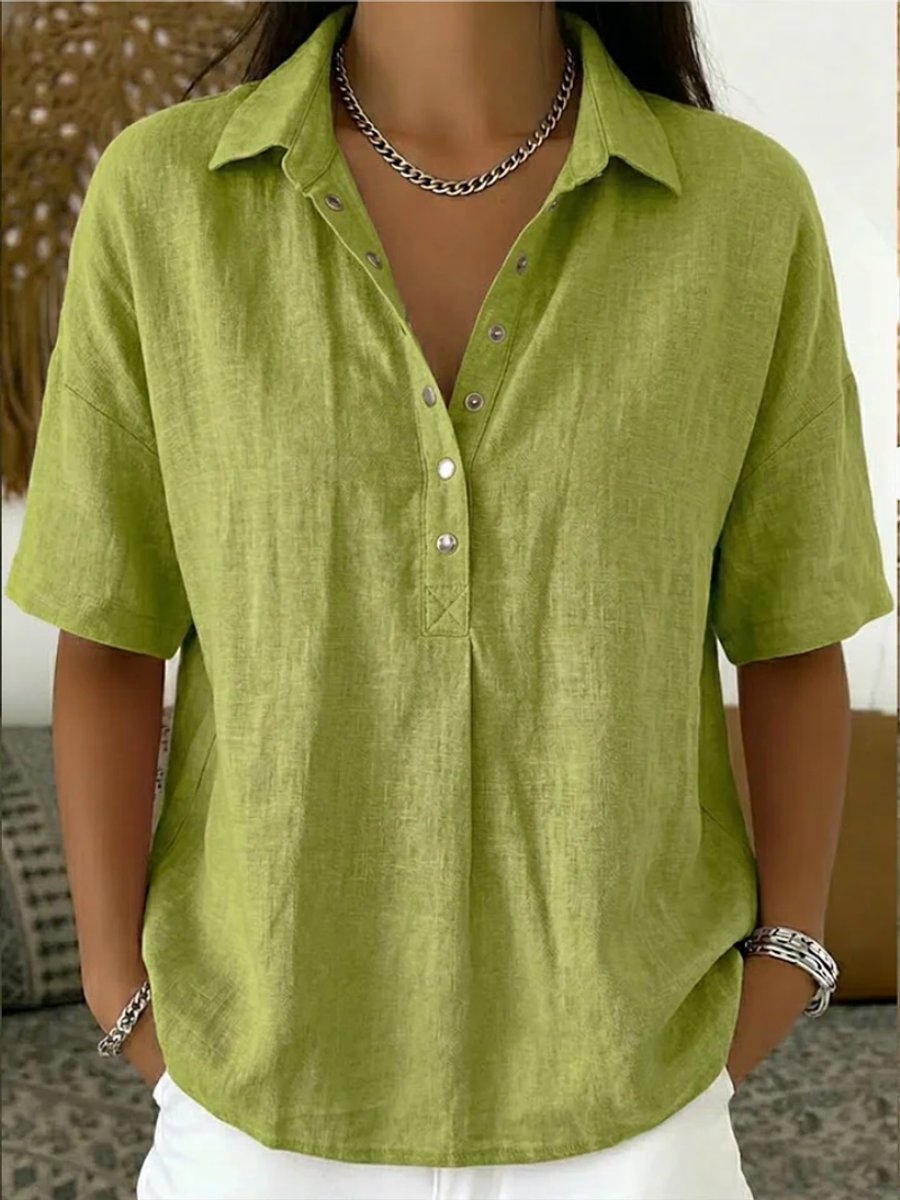 Women's Relaxed-Fit Short-Sleeve Snap-Button Collared Linen Shirt - Green