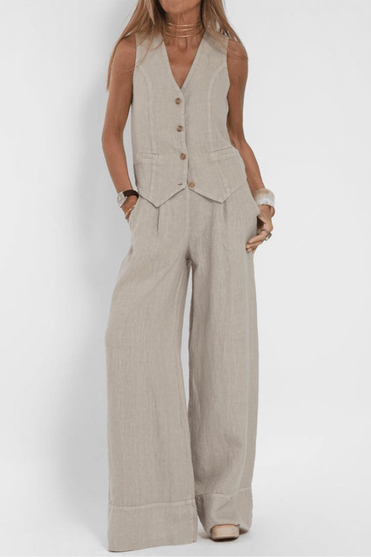 Women's Relaxed-Fit Sleeveless Button-Front Vest Wide-Leg Trouser Set - Beige