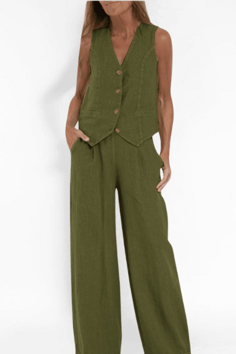 Women's Relaxed-Fit Sleeveless Button-Front Vest Wide-Leg Trouser Set - Green