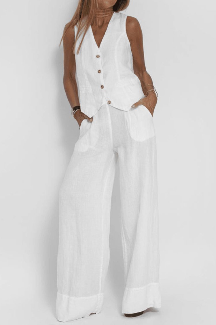 Women's Relaxed-Fit Sleeveless Button-Front Vest Wide-Leg Trouser Set - White