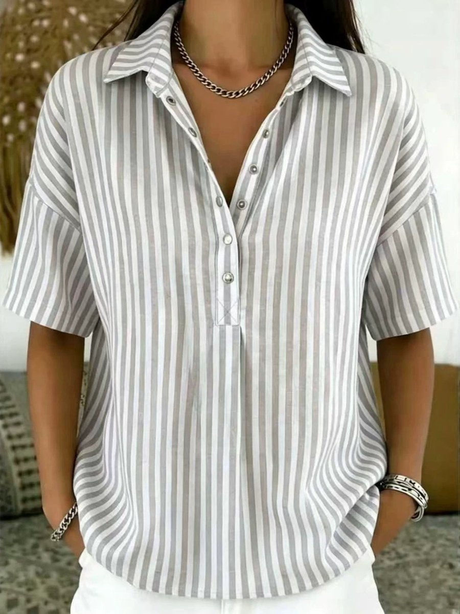 Women's Relaxed-Fit Striped Half-Button Collared Blouse - Grey