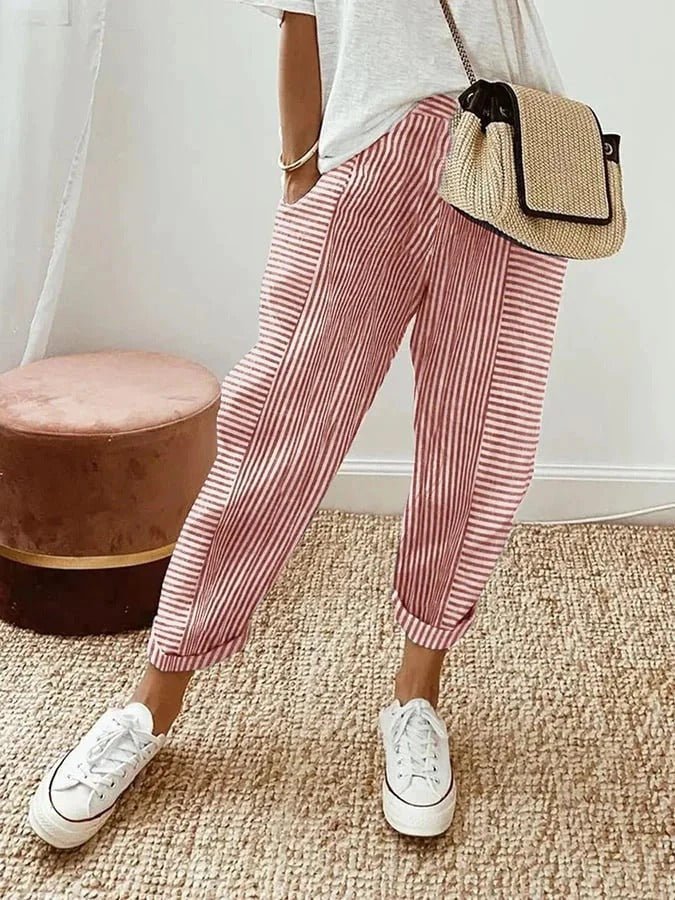Women's Relaxed-Fit Striped Linen-Feel Elasticated-Waist Tapered Trousers - Red