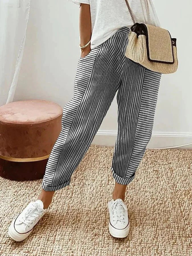 Women's Relaxed-Fit Striped Linen-Feel Elasticated-Waist Tapered Trousers - Black