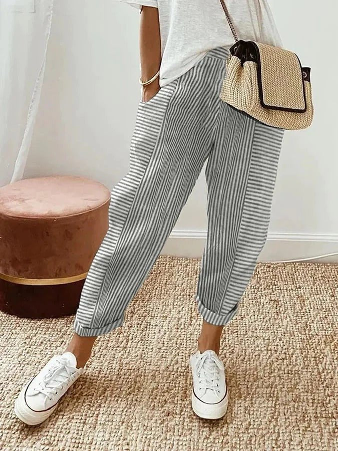 Women's Relaxed-Fit Striped Linen-Feel Elasticated-Waist Tapered Trousers - Gray