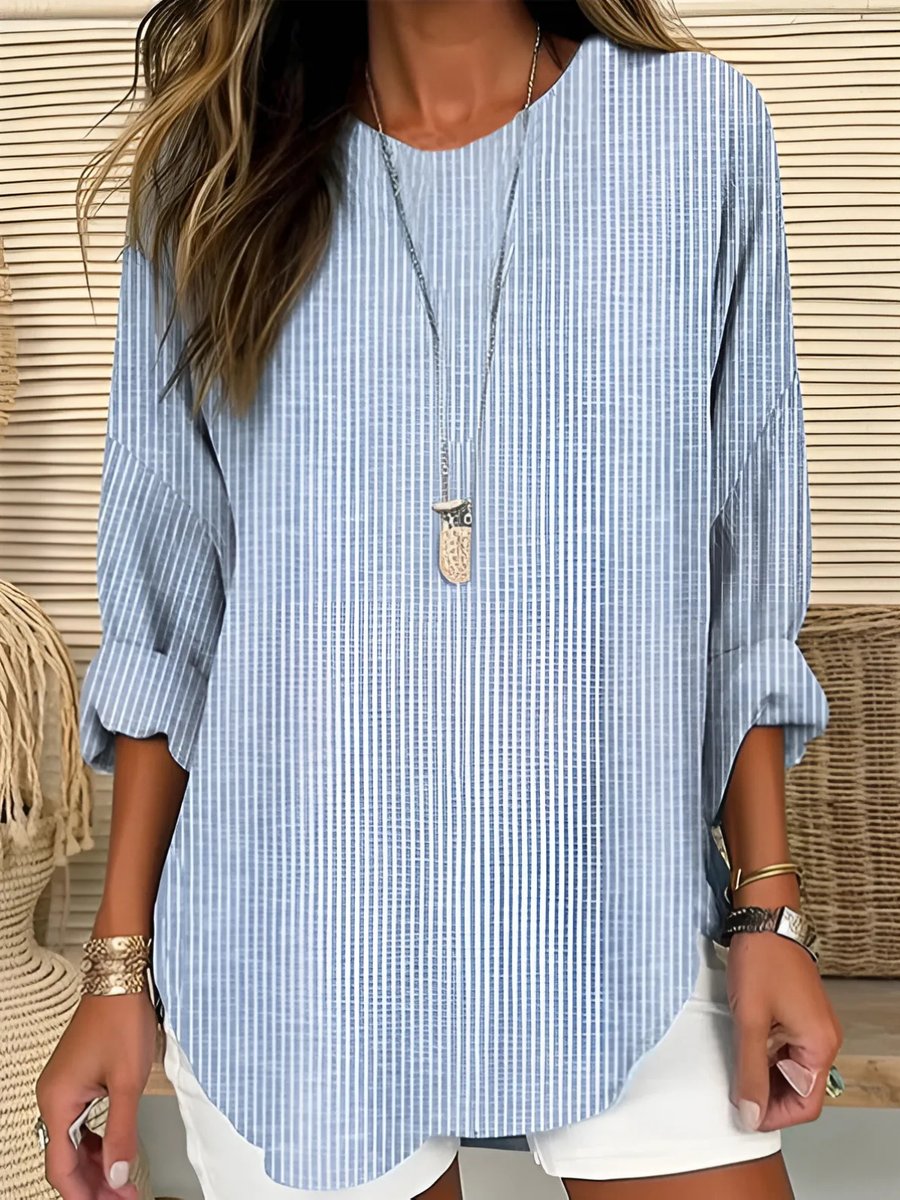 Women's Relaxed-Fit Striped Long-Sleeve Crew Neck Blouse - Blue