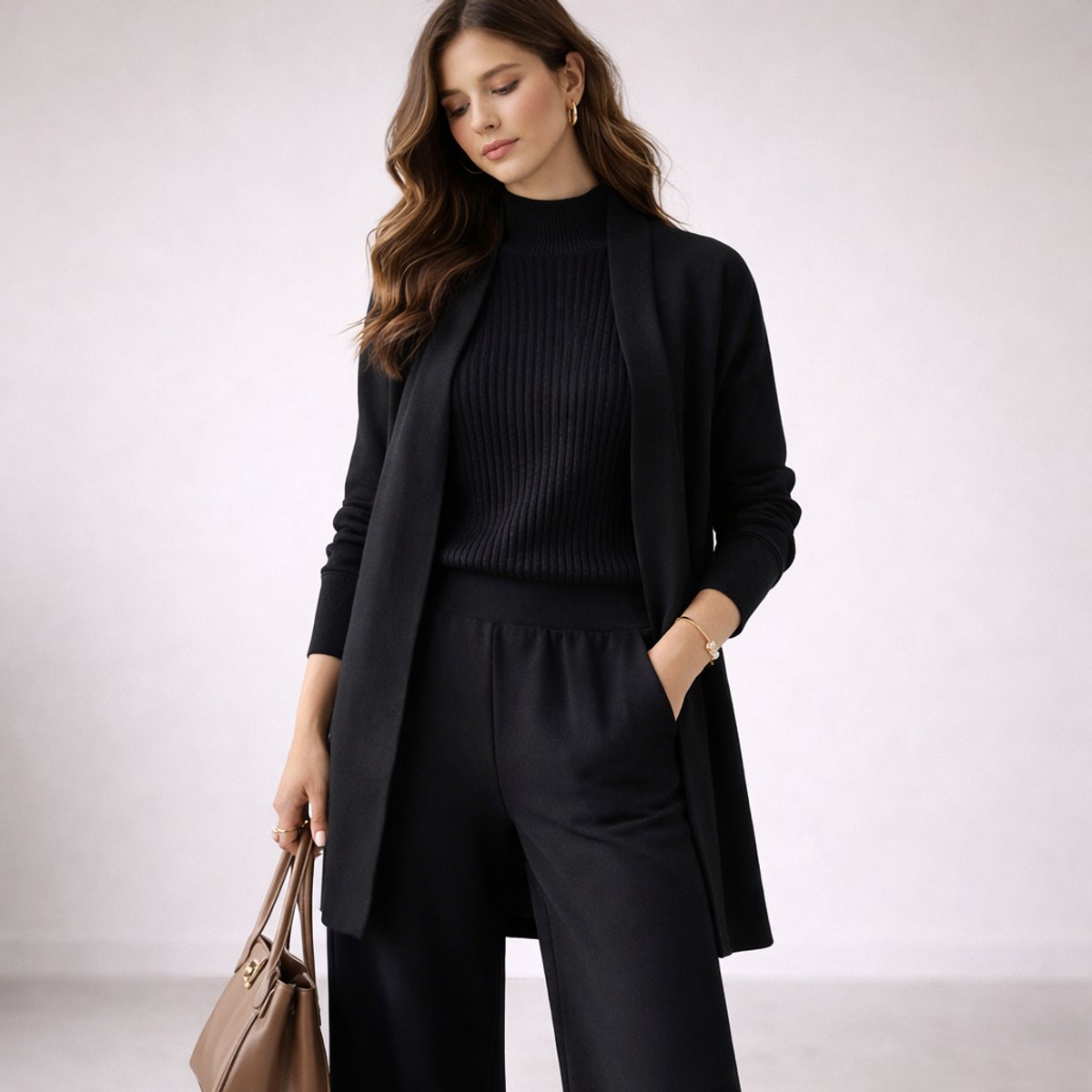 Women's Relaxed-Fit Three-Piece Knit Lounge Set Evening Gown Alternative - Black