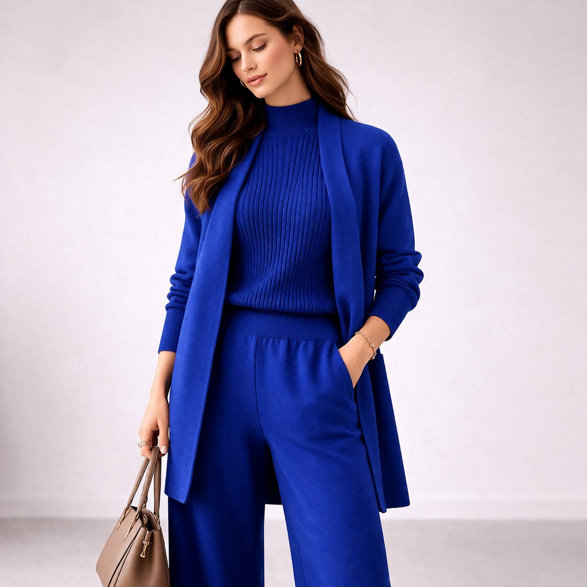 Women's Relaxed-Fit Three-Piece Knit Lounge Set Evening Gown Alternative - Blue