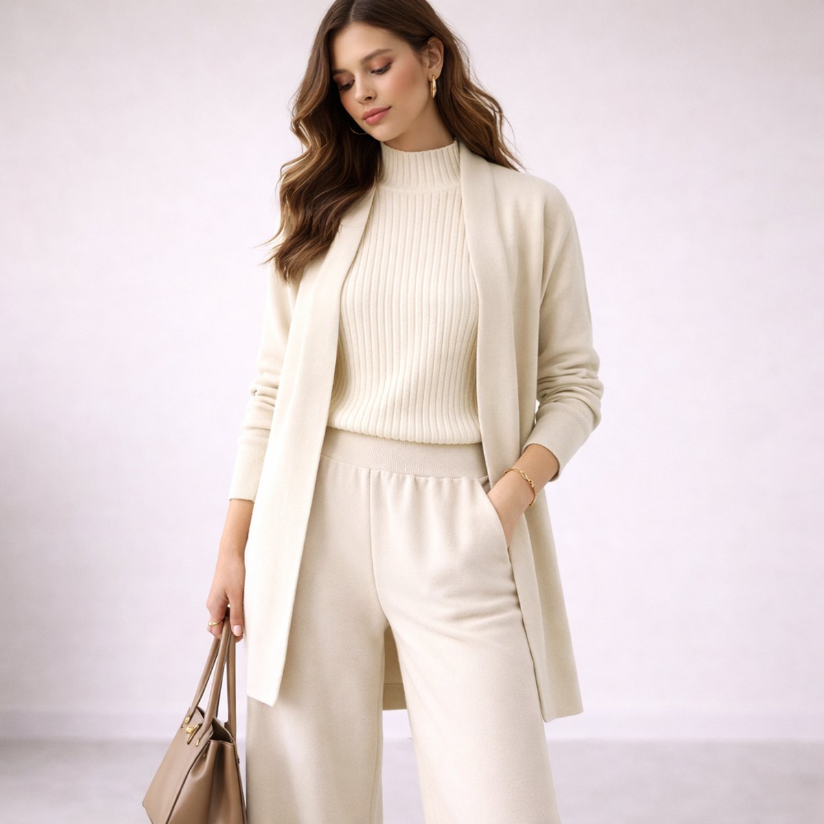 Women's Relaxed-Fit Three-Piece Knit Lounge Set Evening Gown Alternative - White