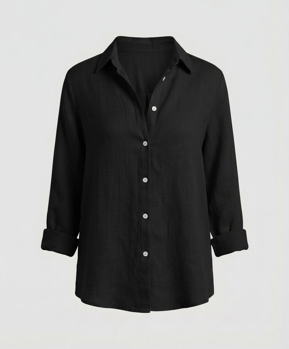 Women's Relaxed-Fit Three-Quarter Sleeve Linen Button-Up Shirt - Black
