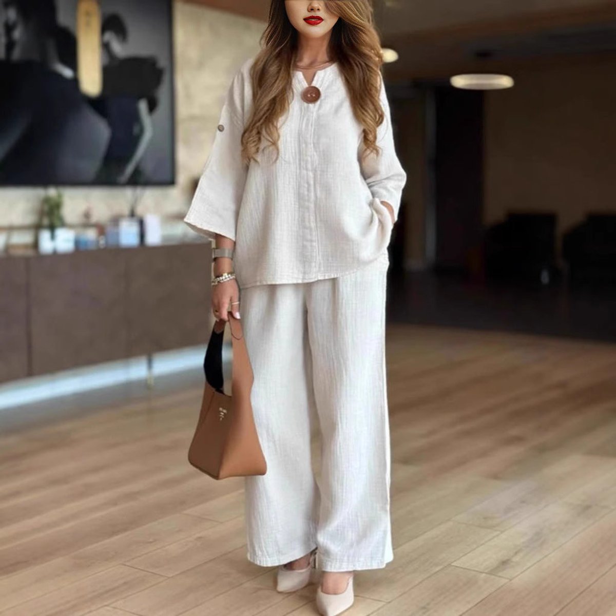 Women's Relaxed-Fit Three-Quarter Sleeve Linen Tunic Palazzo Trouser Set
