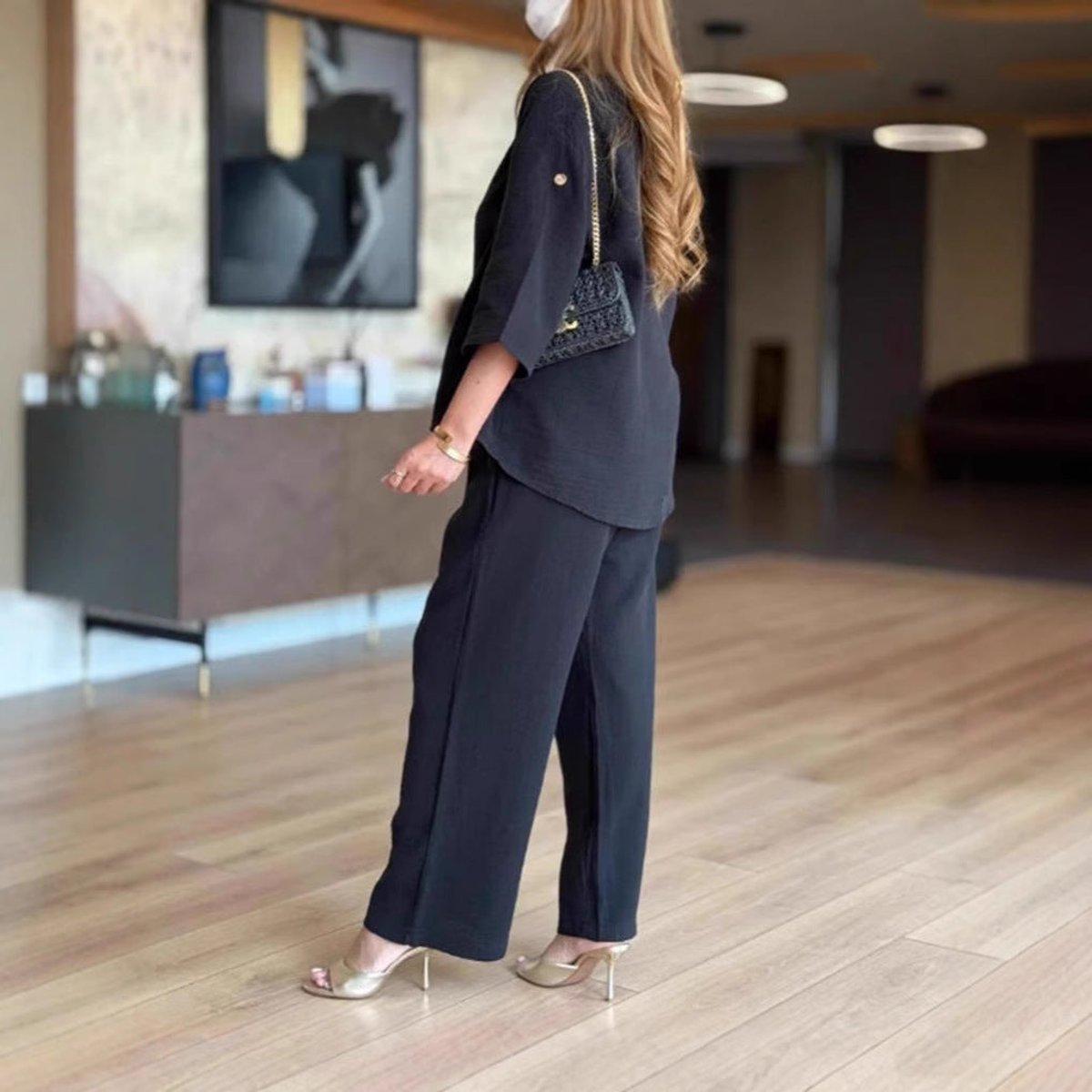 Women's Relaxed-Fit Three-Quarter Sleeve Linen Tunic Palazzo Trouser Set