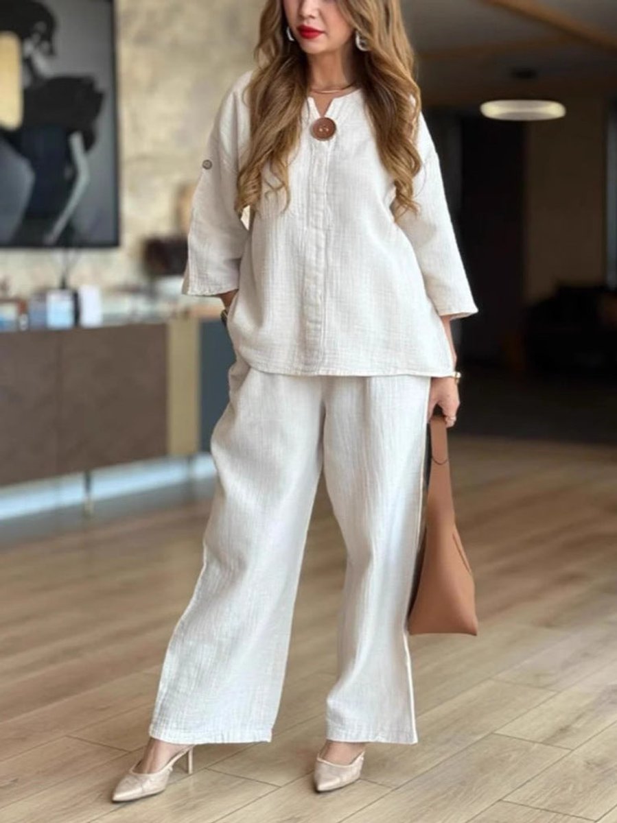 Women's Relaxed-Fit Three-Quarter Sleeve Linen Tunic Palazzo Trouser Set - Weiß