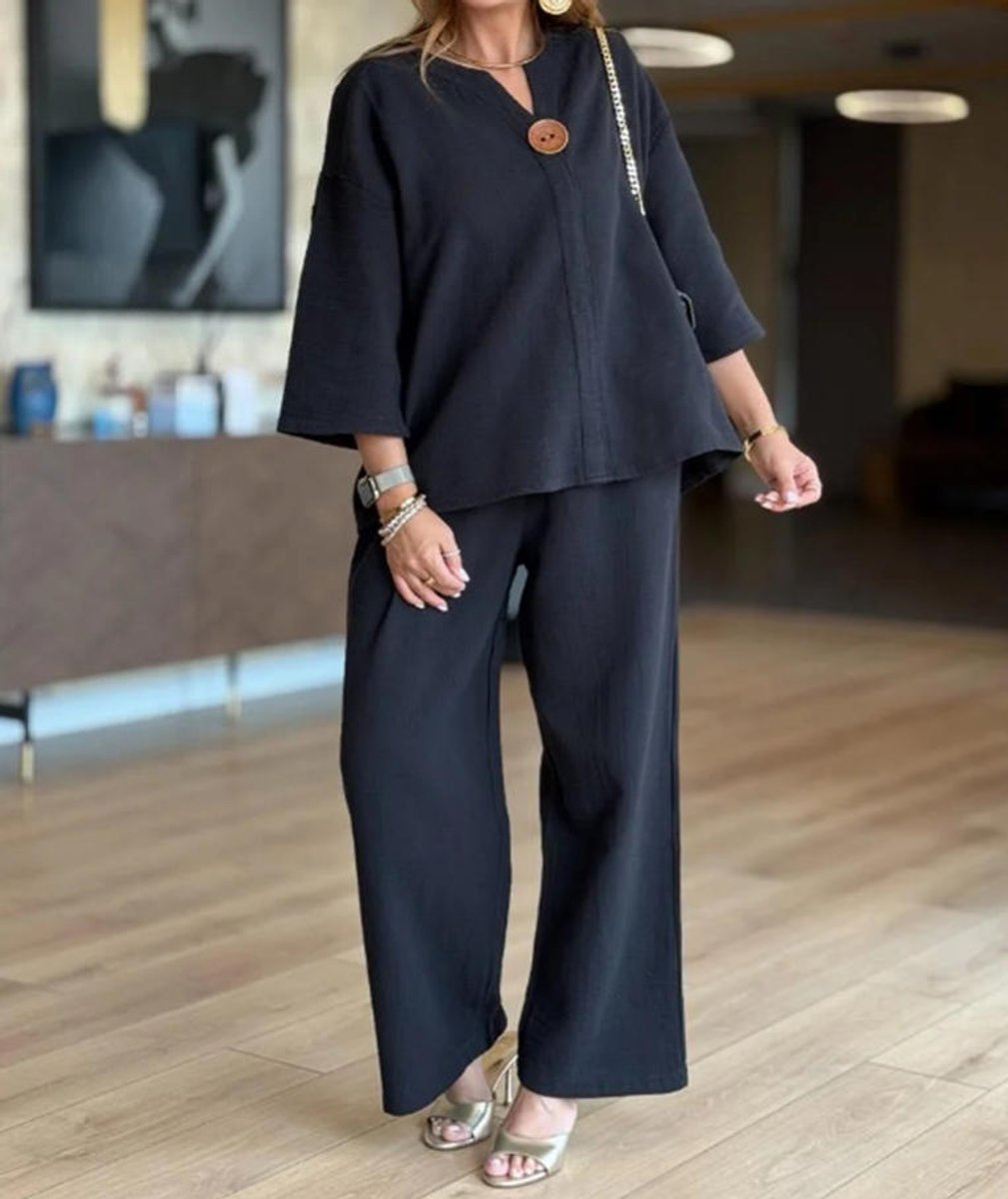 Women's Relaxed-Fit Three-Quarter Sleeve Linen Tunic Palazzo Trouser Set - Schwarz