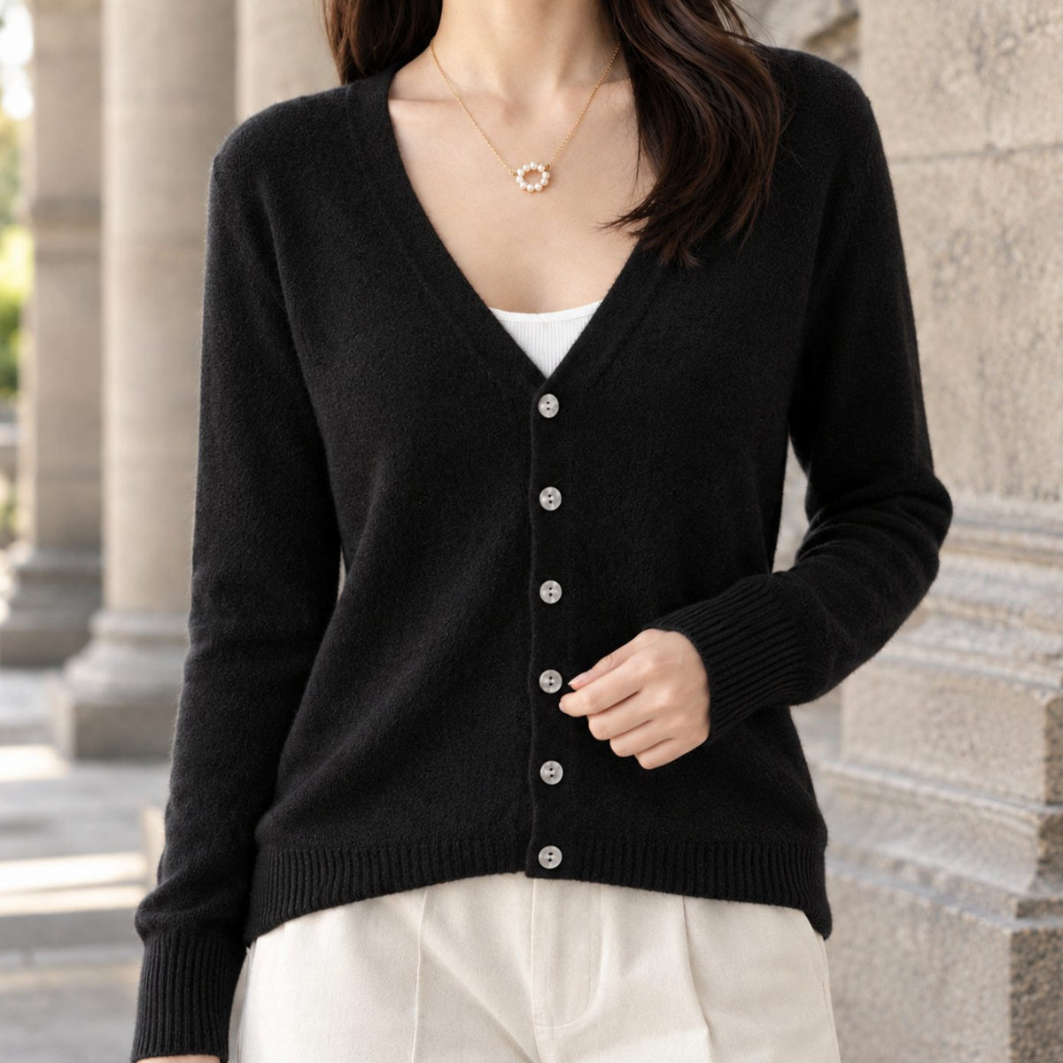 Women's Relaxed-Fit V-Neck Button-Front Knit Cardigan - Black