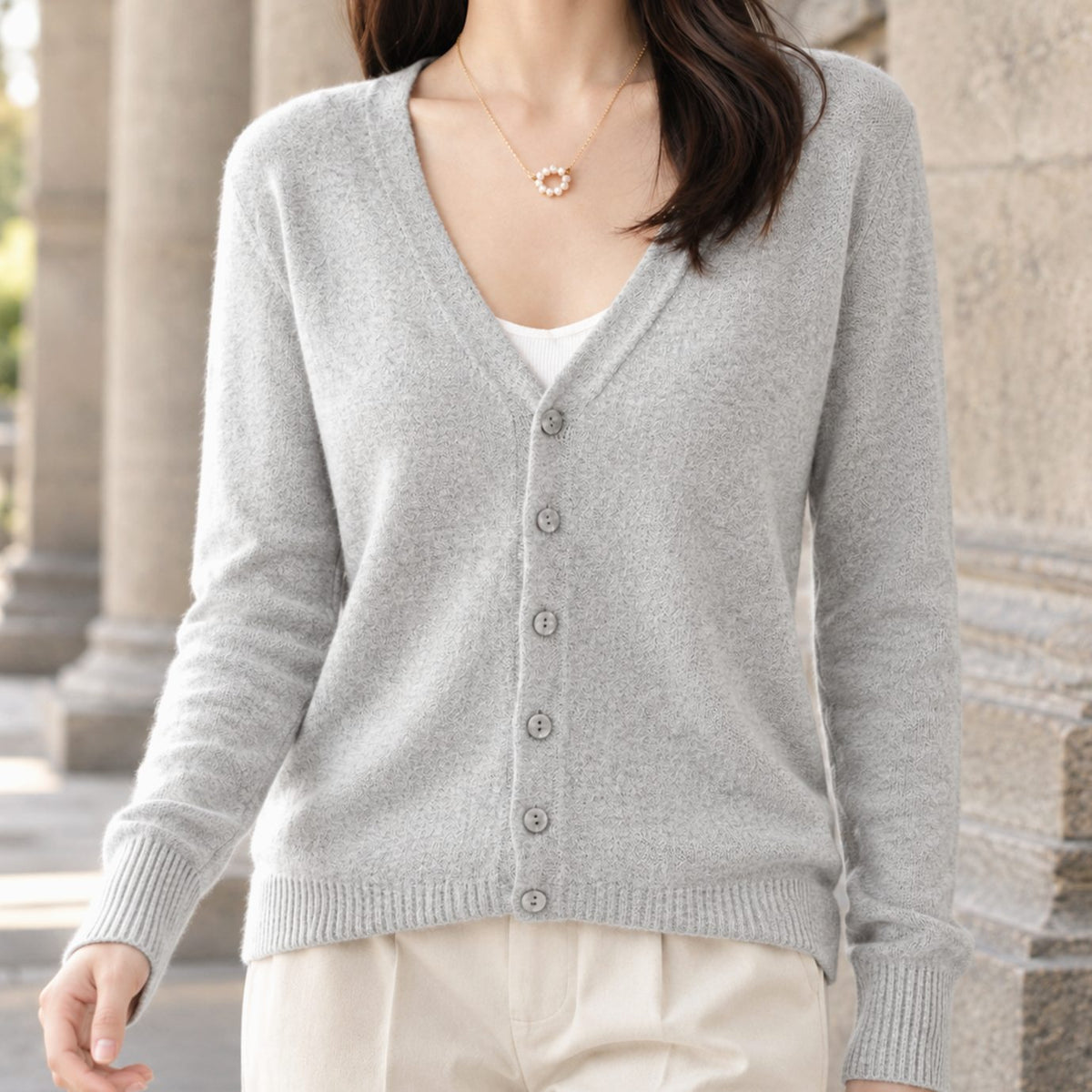 Women's Relaxed-Fit V-Neck Button-Front Knit Cardigan - Light Grey