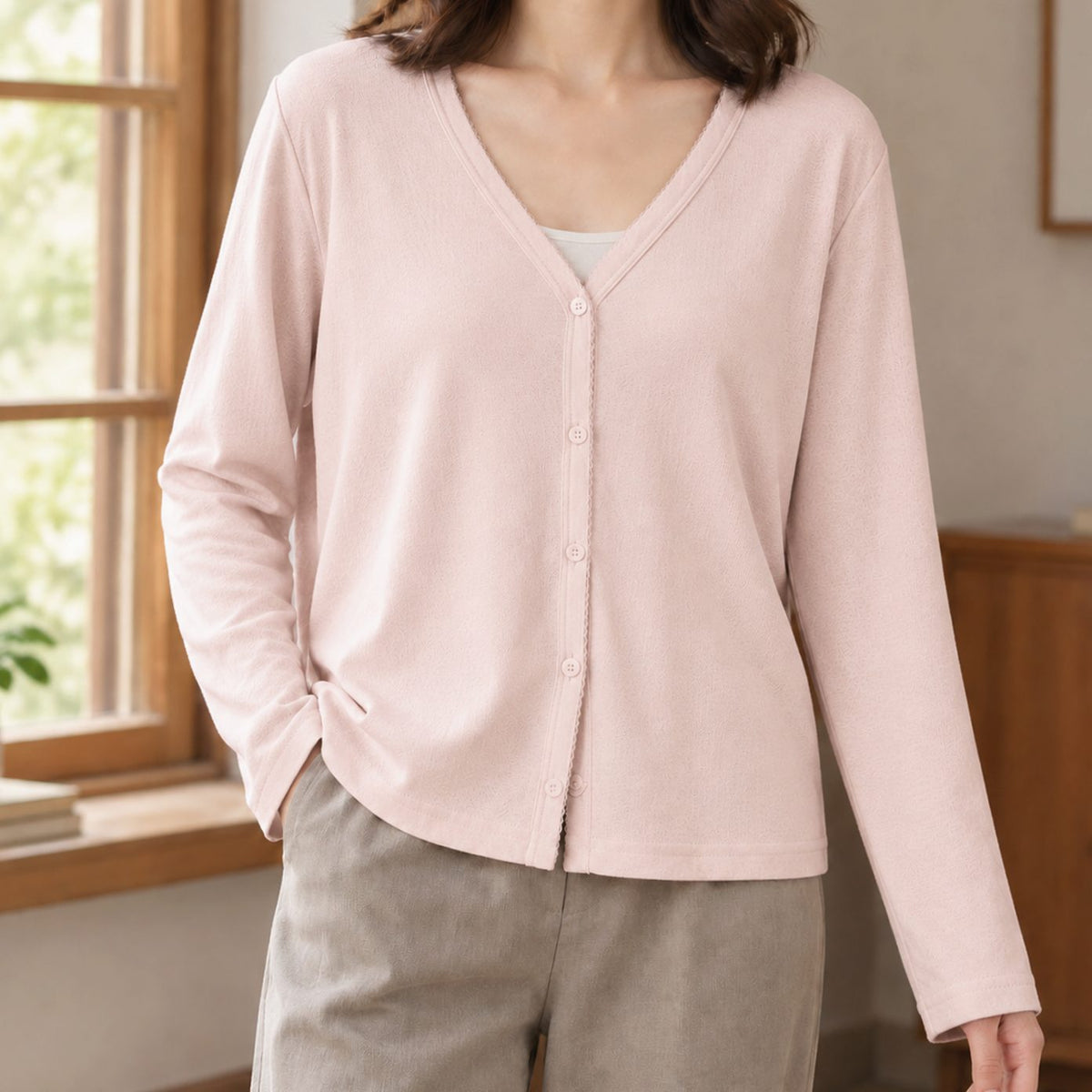 Women's Relaxed-Fit V-Neck Button-Front Long-Sleeve Cardigan - Pearl Pink