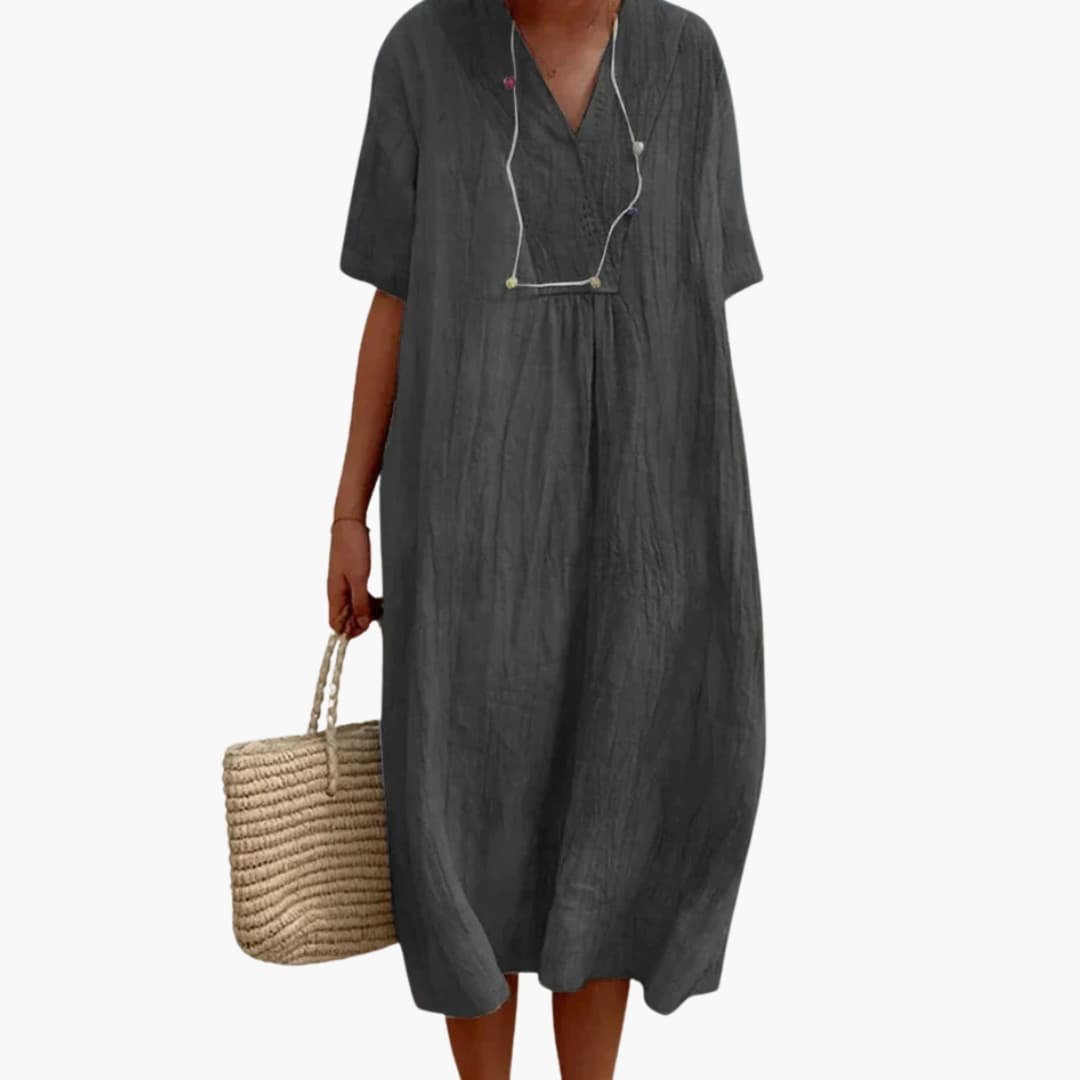 Women's Relaxed-Fit V-Neck Button Placket Linen Midi Dress - Black