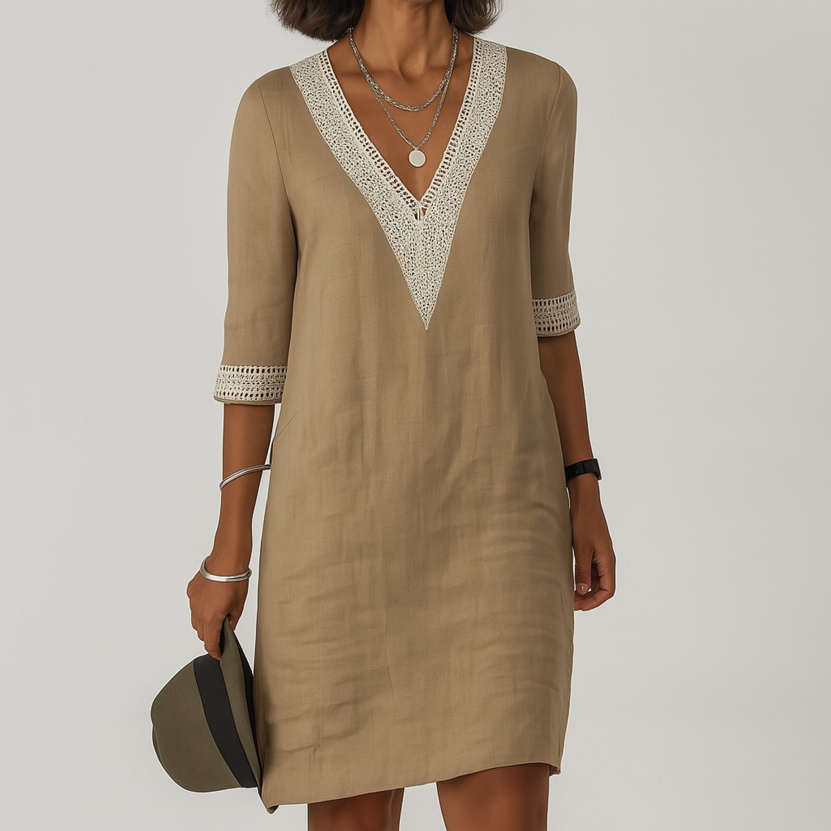 Women's Relaxed-Fit V-Neck Lace-Trim Long Sleeve Dress - Khaki