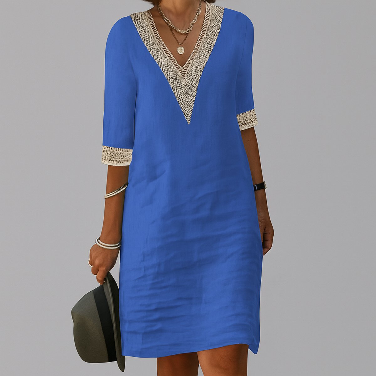 Women's Relaxed-Fit V-Neck Lace-Trim Long Sleeve Dress - Blue