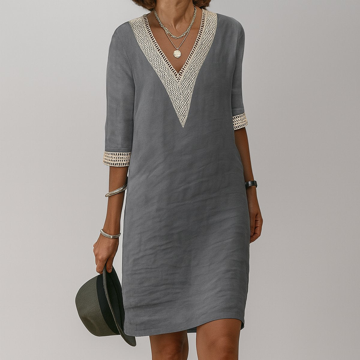 Women's Relaxed-Fit V-Neck Lace-Trim Long Sleeve Dress - Grey