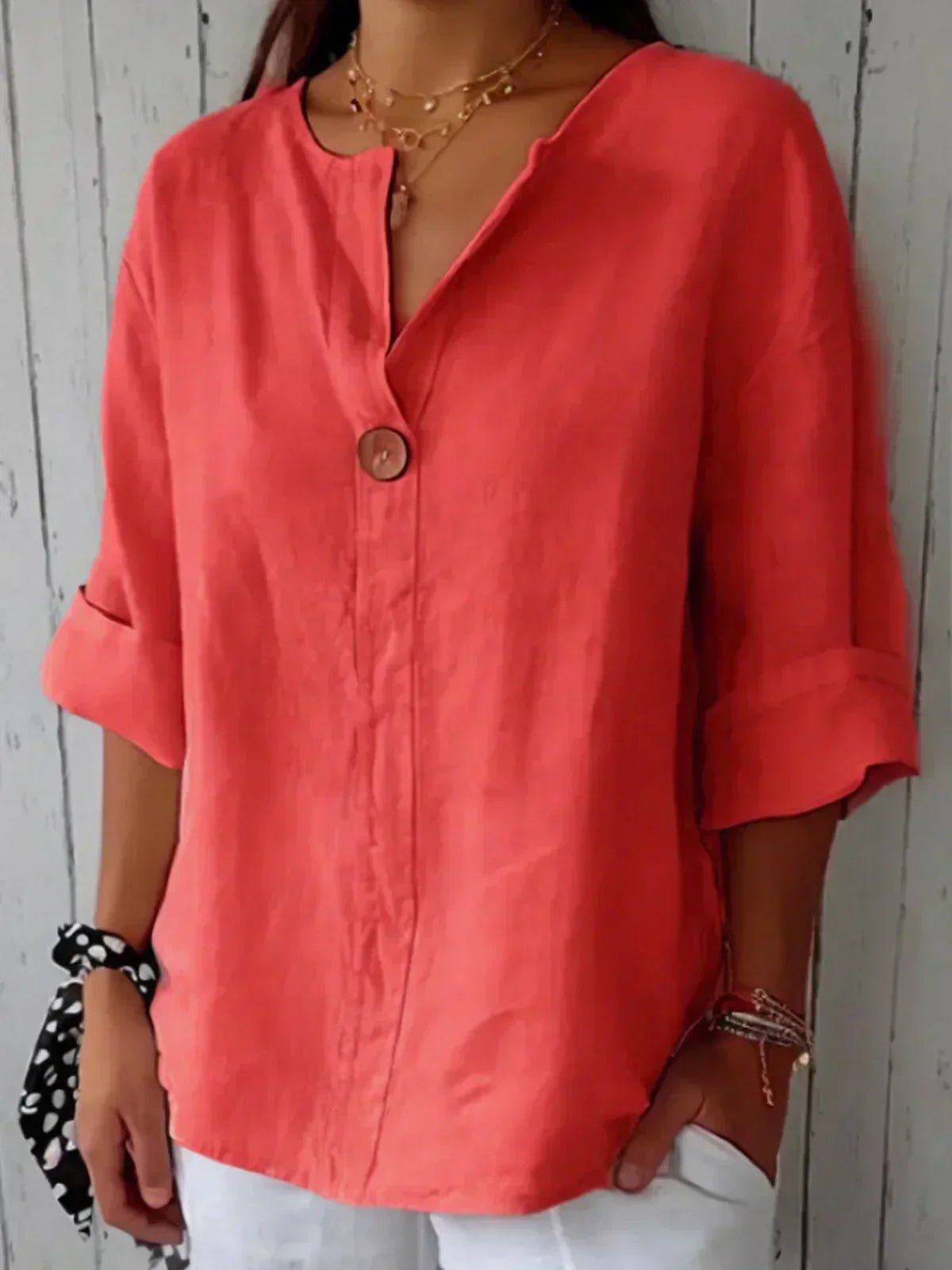 Women's Relaxed-Fit V-Neck Three-Quarter Sleeve Linen Blouse - Red
