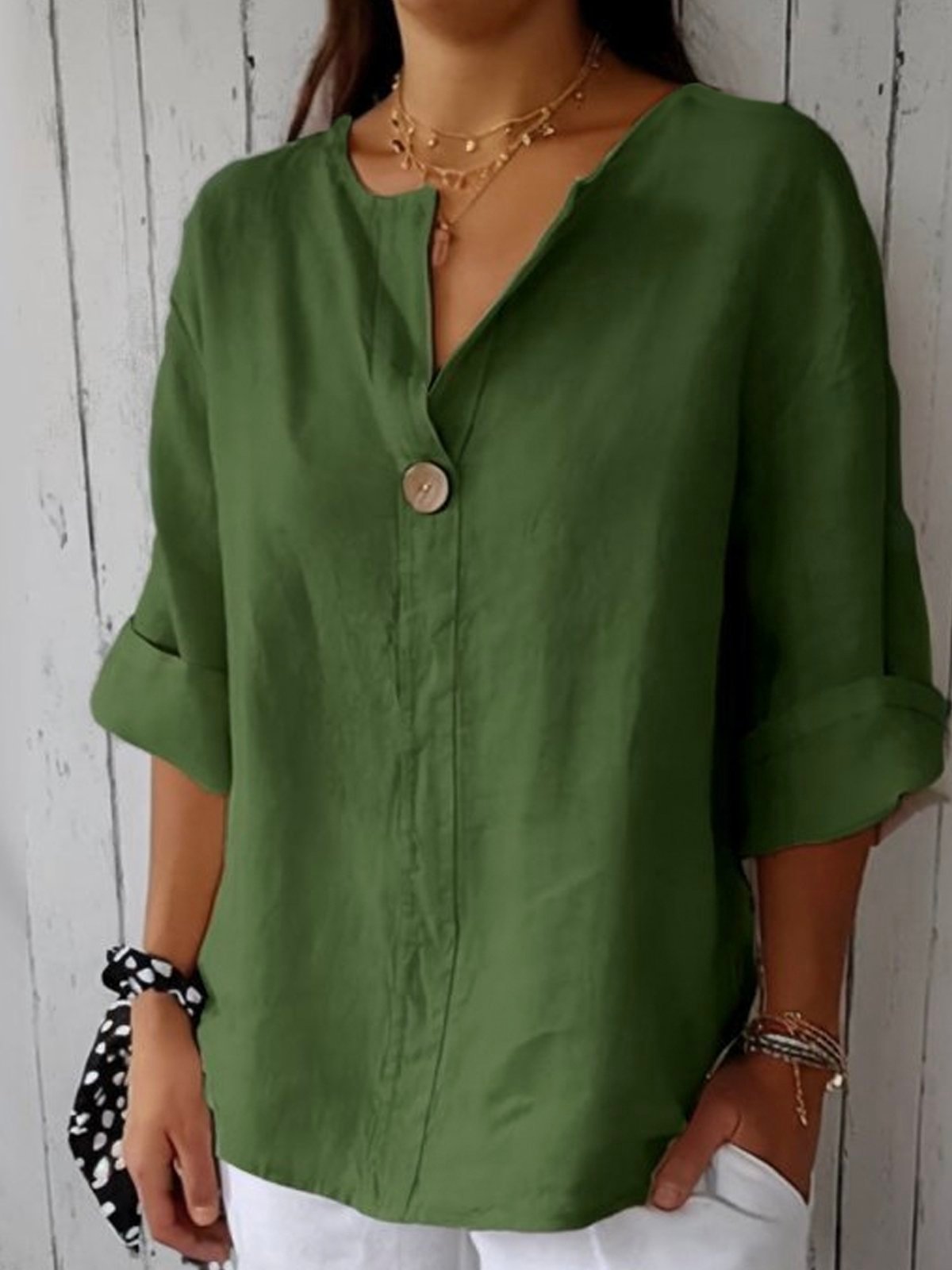 Women's Relaxed-Fit V-Neck Three-Quarter Sleeve Linen Blouse - Green