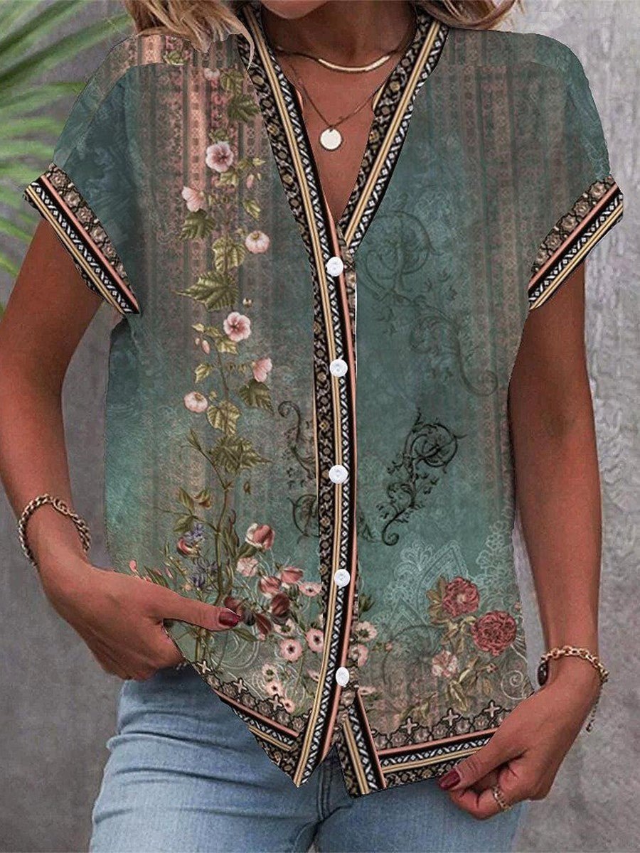Women's Relaxed-Fit V-Neck Watercolour Floral Button-Down Blouse - Green