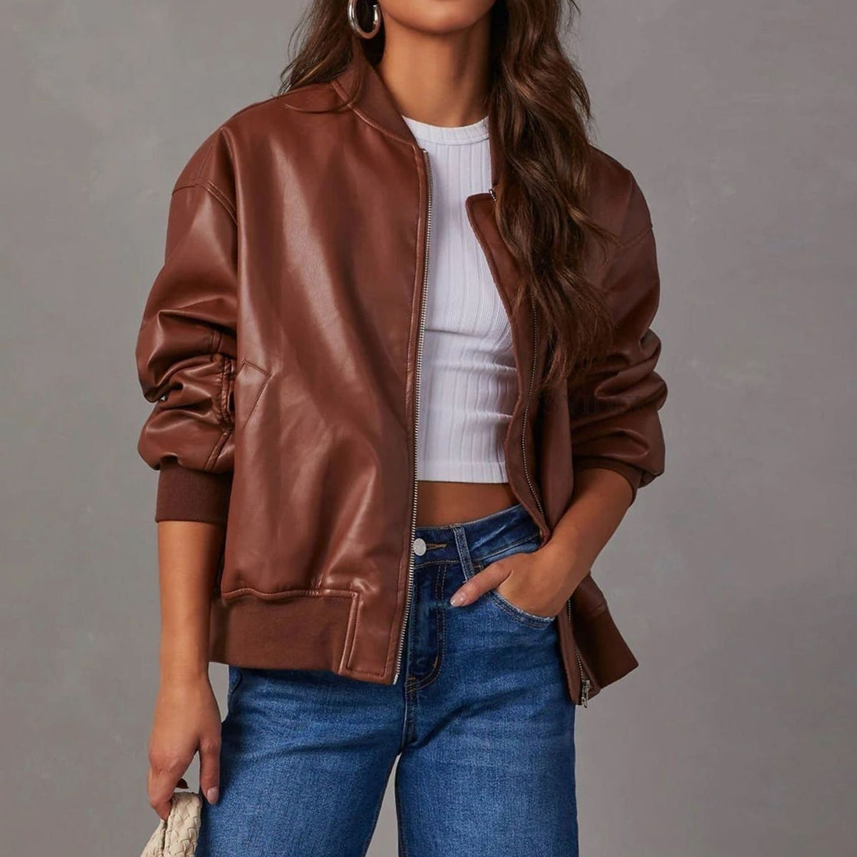 Women's Relaxed-Fit Vegan Leather Zip-Front Bomber Jacket - Brown