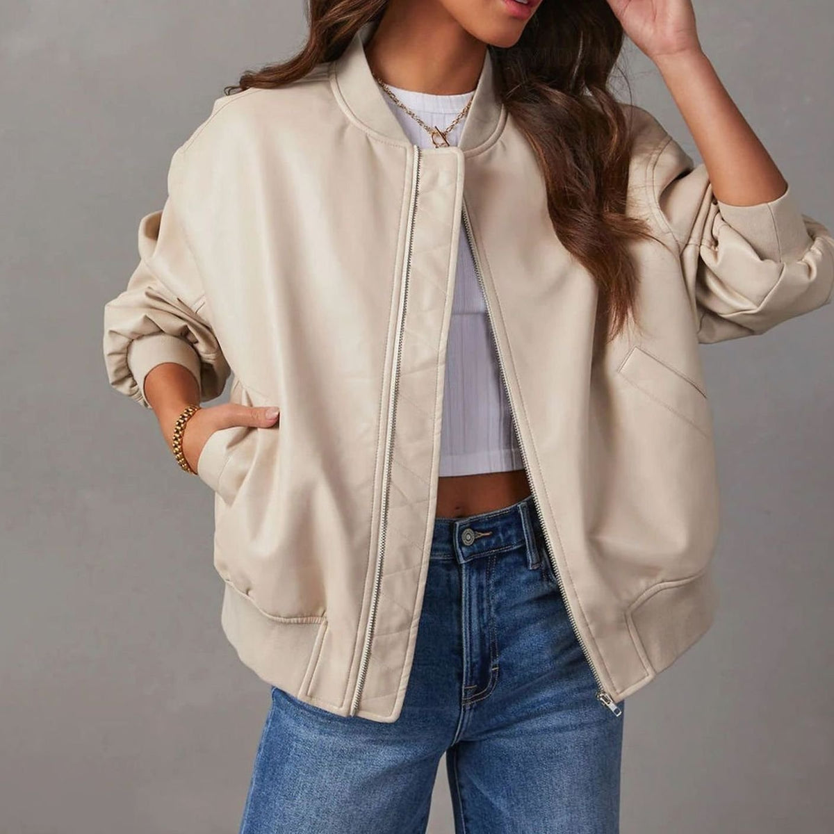 Women's Relaxed-Fit Vegan Leather Zip-Front Bomber Jacket - Cream