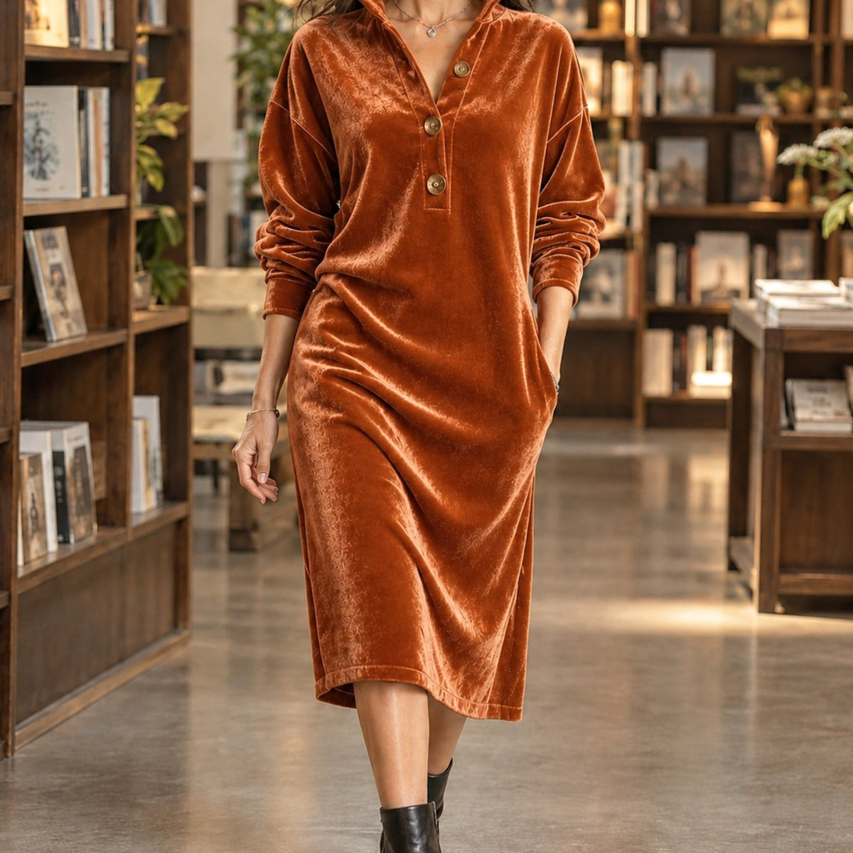 Women's Relaxed-Fit Velvet Midi Dress Raised Collar Button Placket - Orange
