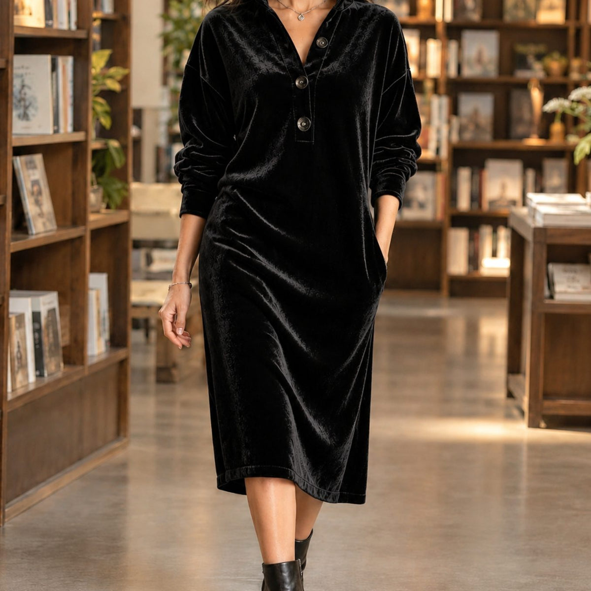 Women's Relaxed-Fit Velvet Midi Dress Raised Collar Button Placket - Black