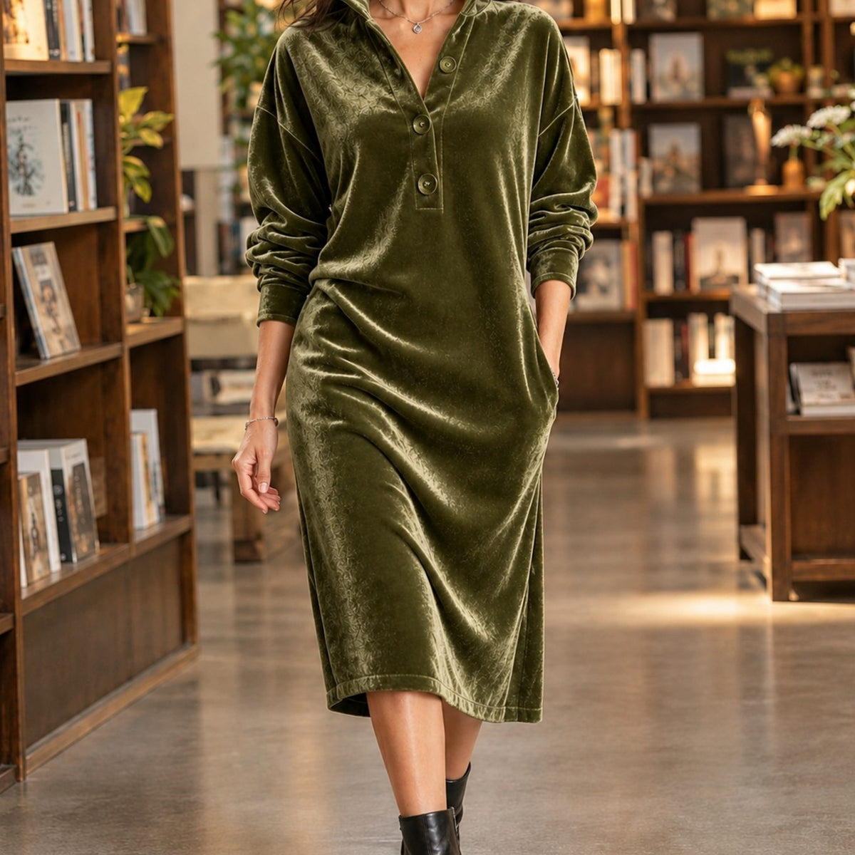 Women's Relaxed-Fit Velvet Midi Dress Raised Collar Button Placket - Yellow-Green