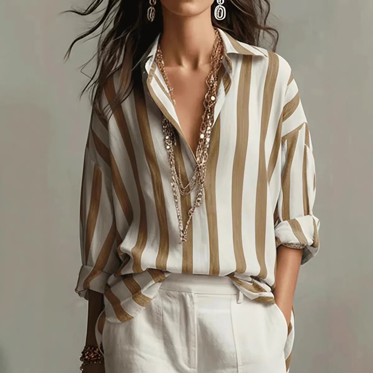 Women's Relaxed-Fit Vertical Striped Collared Linen-Style Blouse - Brown