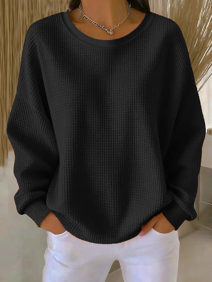 Women's Relaxed-Fit Waffle-Knit Long-Sleeve Crew-Neck Jumper - Black